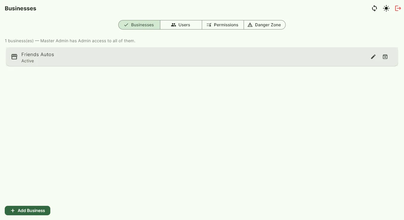 BizTrack Control Panel listing each business