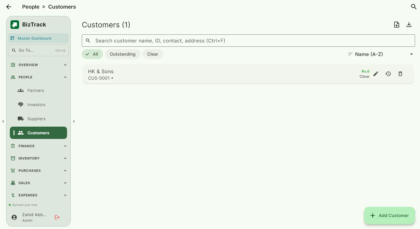 BizTrack Customers screen