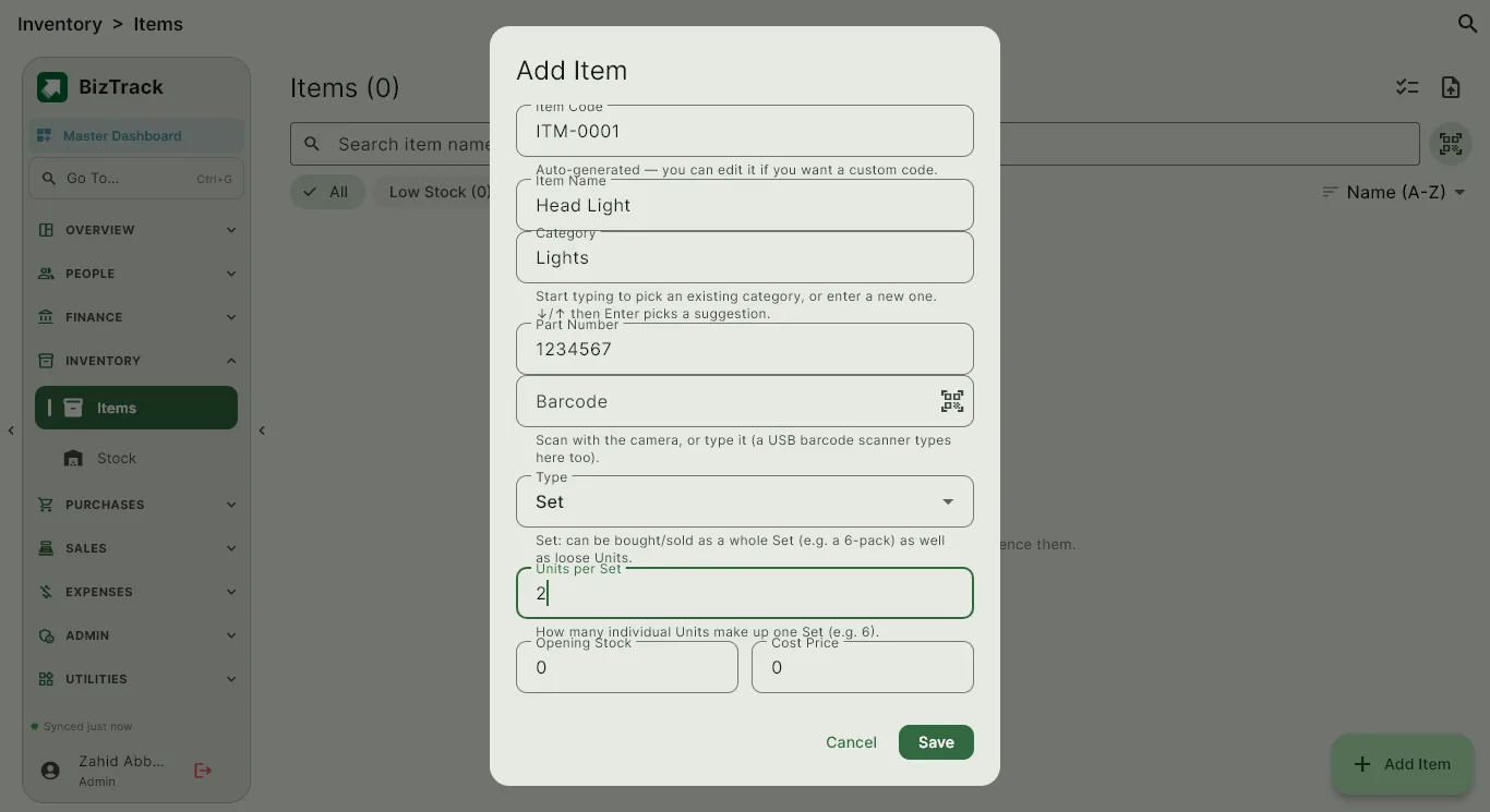 BizTrack Add Item screen with item code and set size