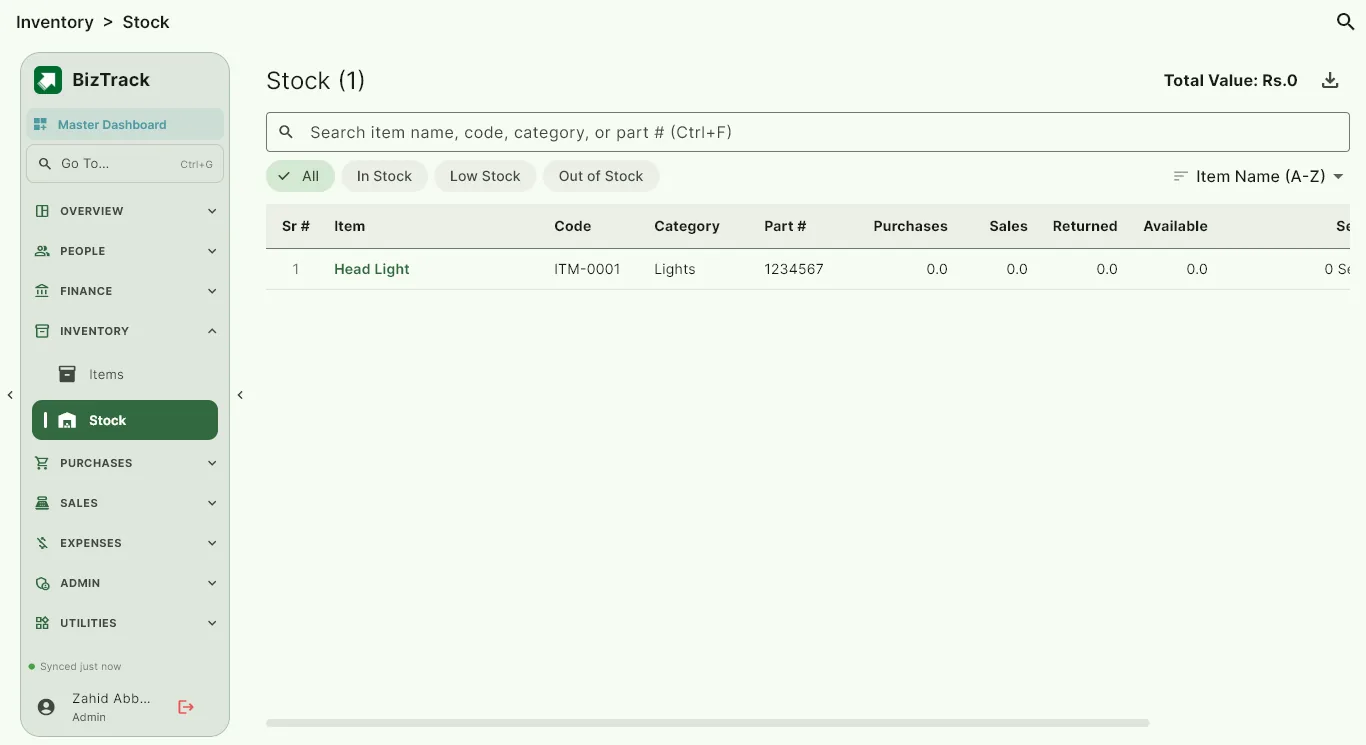BizTrack Stock screen showing item quantities and values
