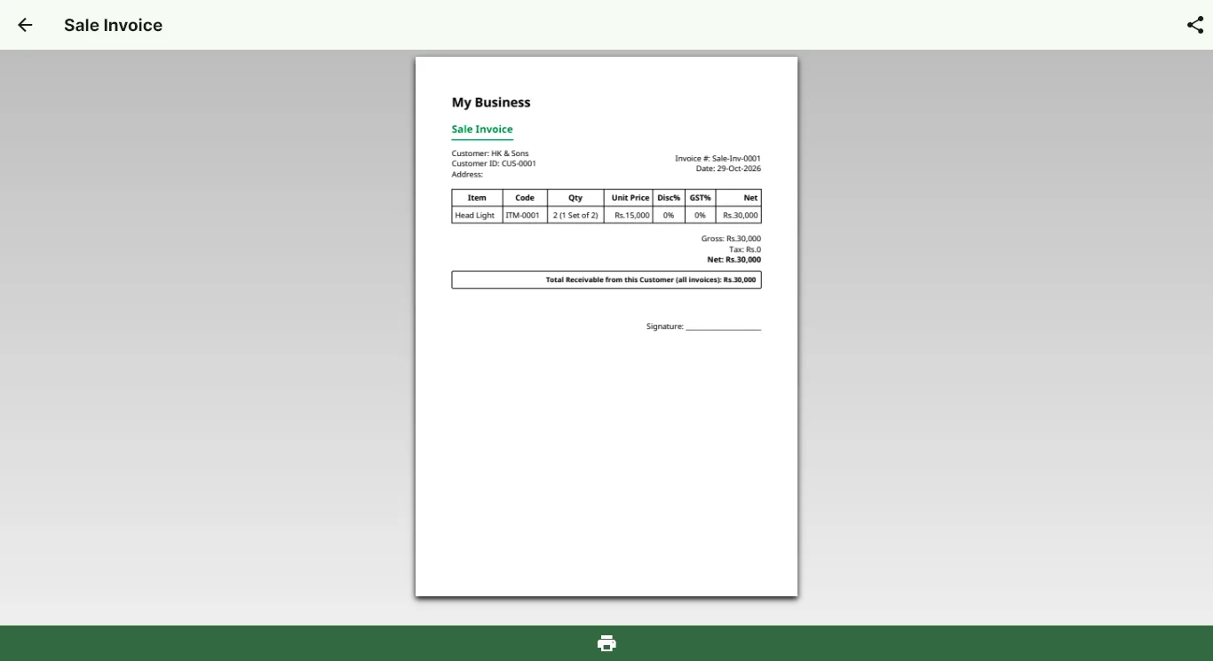 BizTrack printable sale invoice