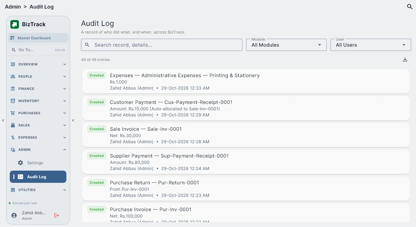 BizTrack Audit Log screen