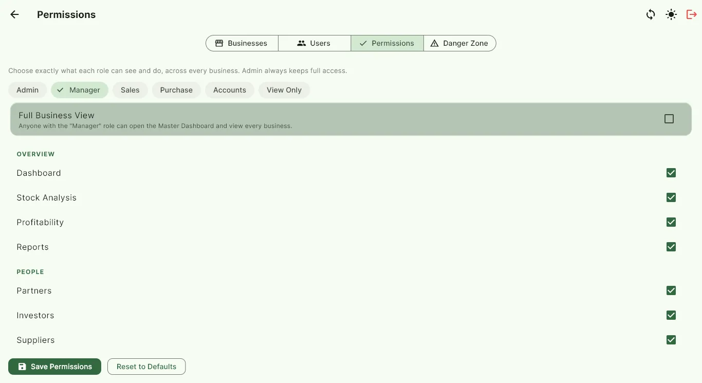 BizTrack role permissions screen