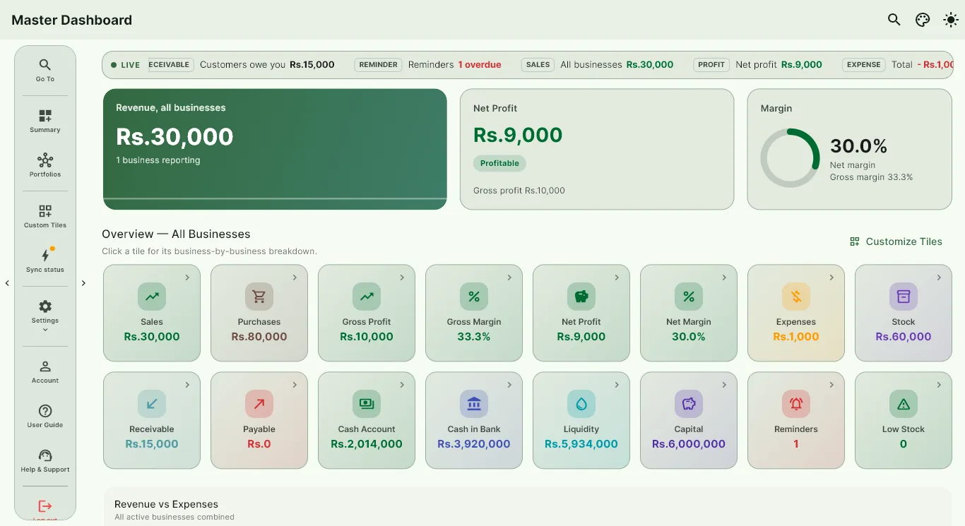 BizTrack Master Dashboard comparing several businesses