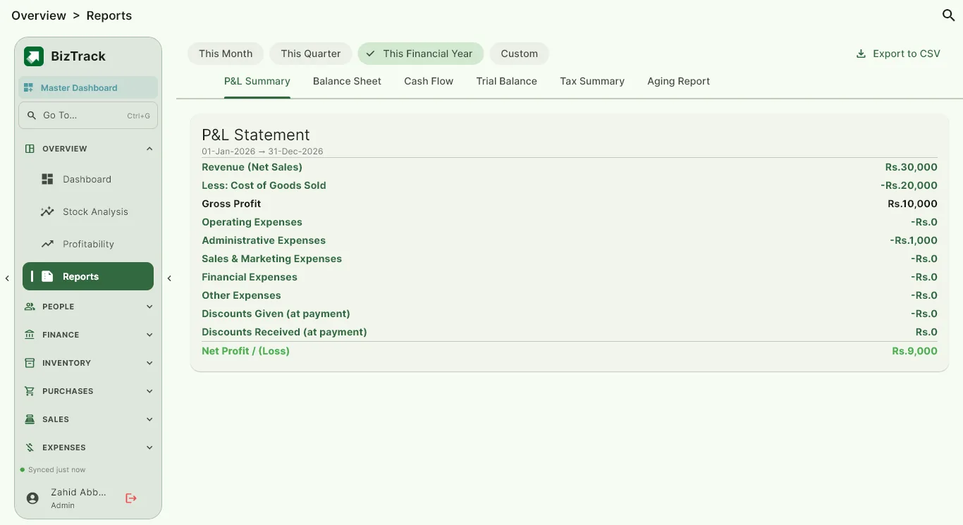 BizTrack Profit and Loss statement for a selected period
