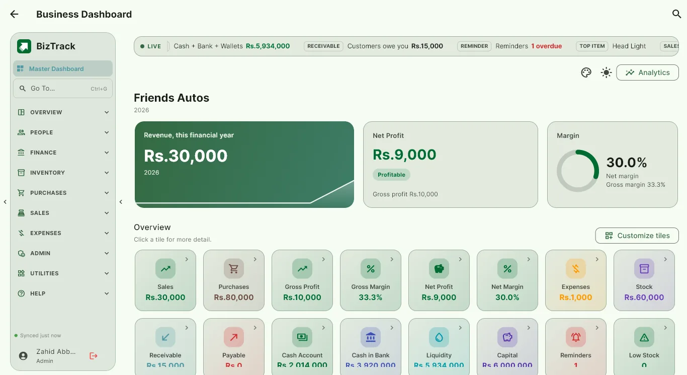 BizTrack Business Dashboard with sales, profit, stock and cash tiles