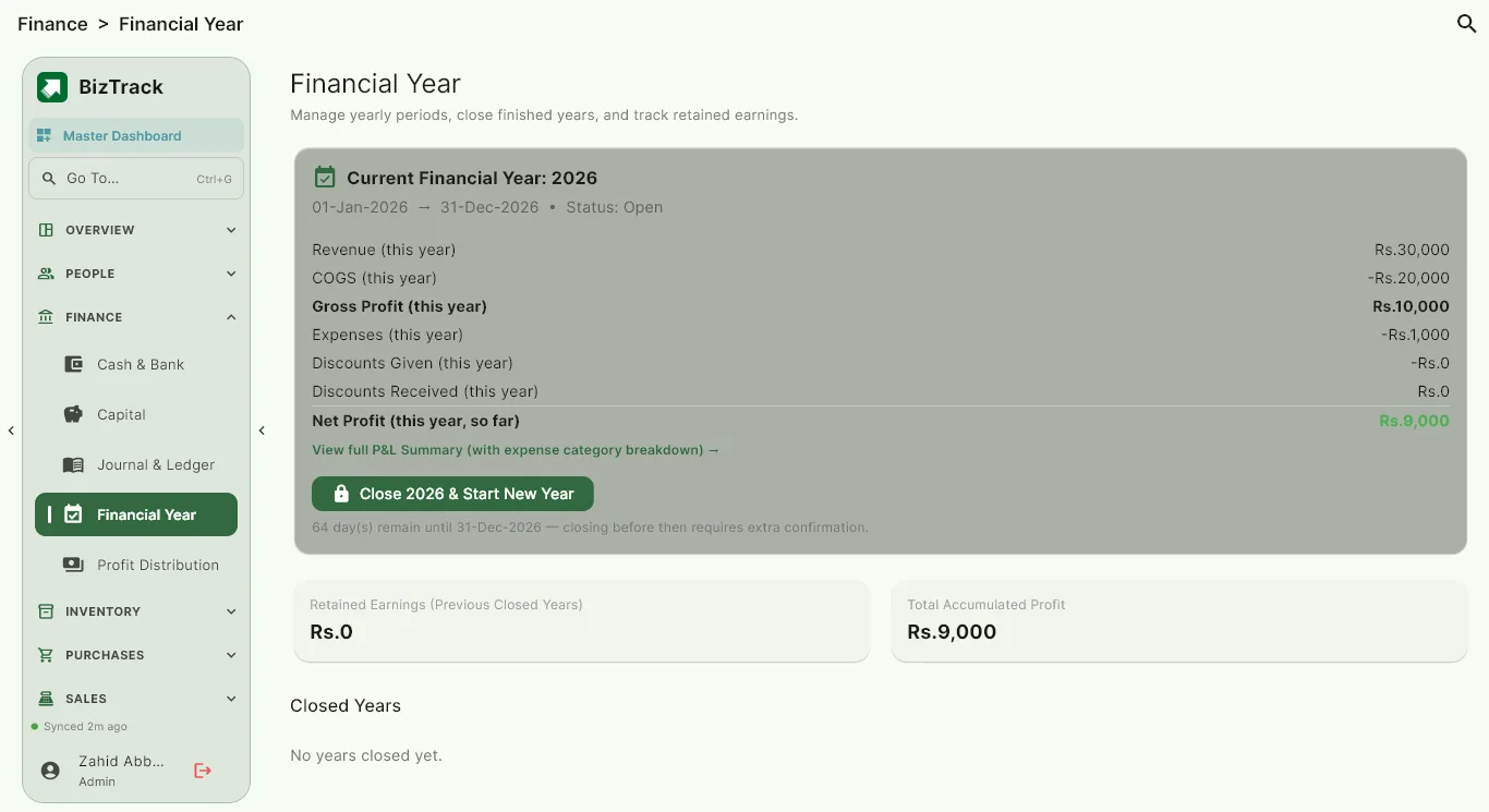 BizTrack Financial Year screen showing the current year and the option to close it