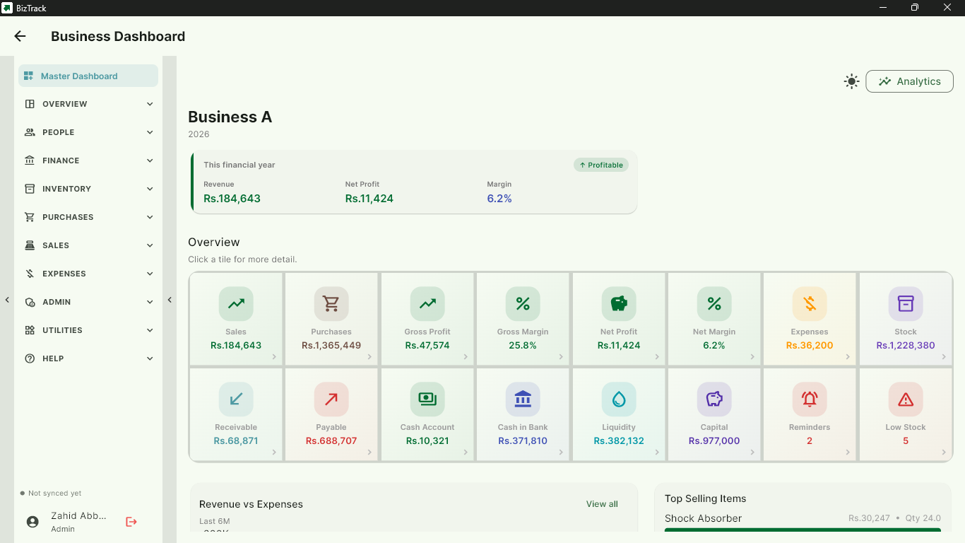 Single business dashboard