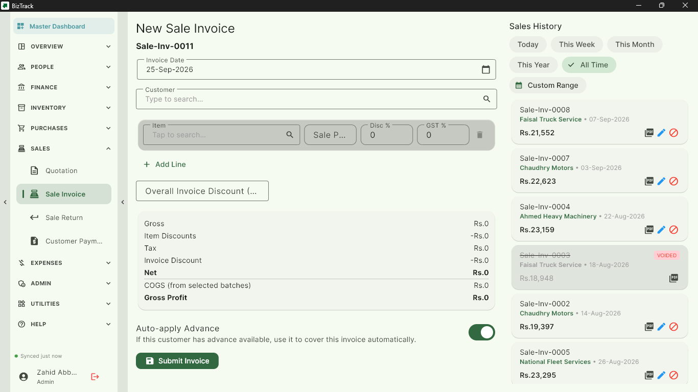 Sale invoice screen