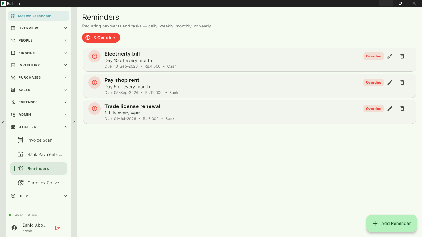 Reminders screen